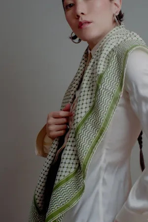Large Silk/Cotton Palestine Kefiyyah Scarf (Olive) 40"x40"