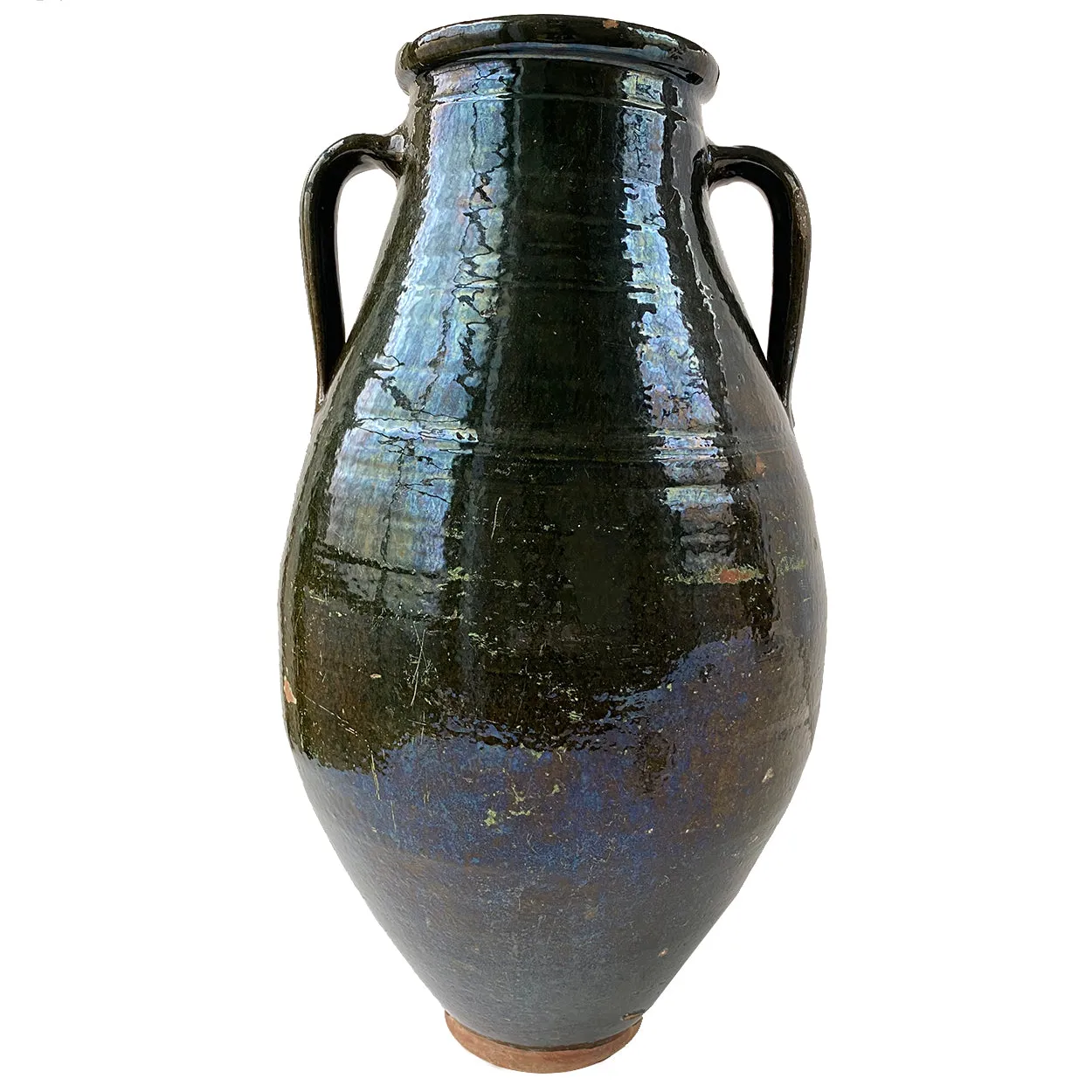Large Turkish Green Glaze Terracotta Pottery Two-Handle Olive Jar