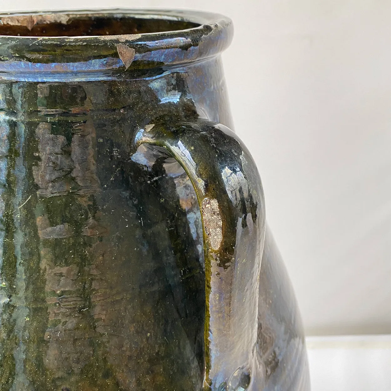 Large Turkish Green Glaze Terracotta Pottery Two-Handle Olive Jar