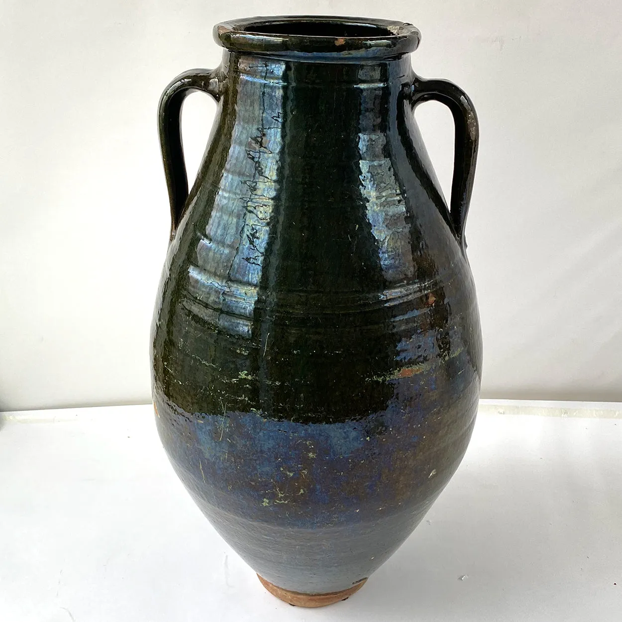 Large Turkish Green Glaze Terracotta Pottery Two-Handle Olive Jar