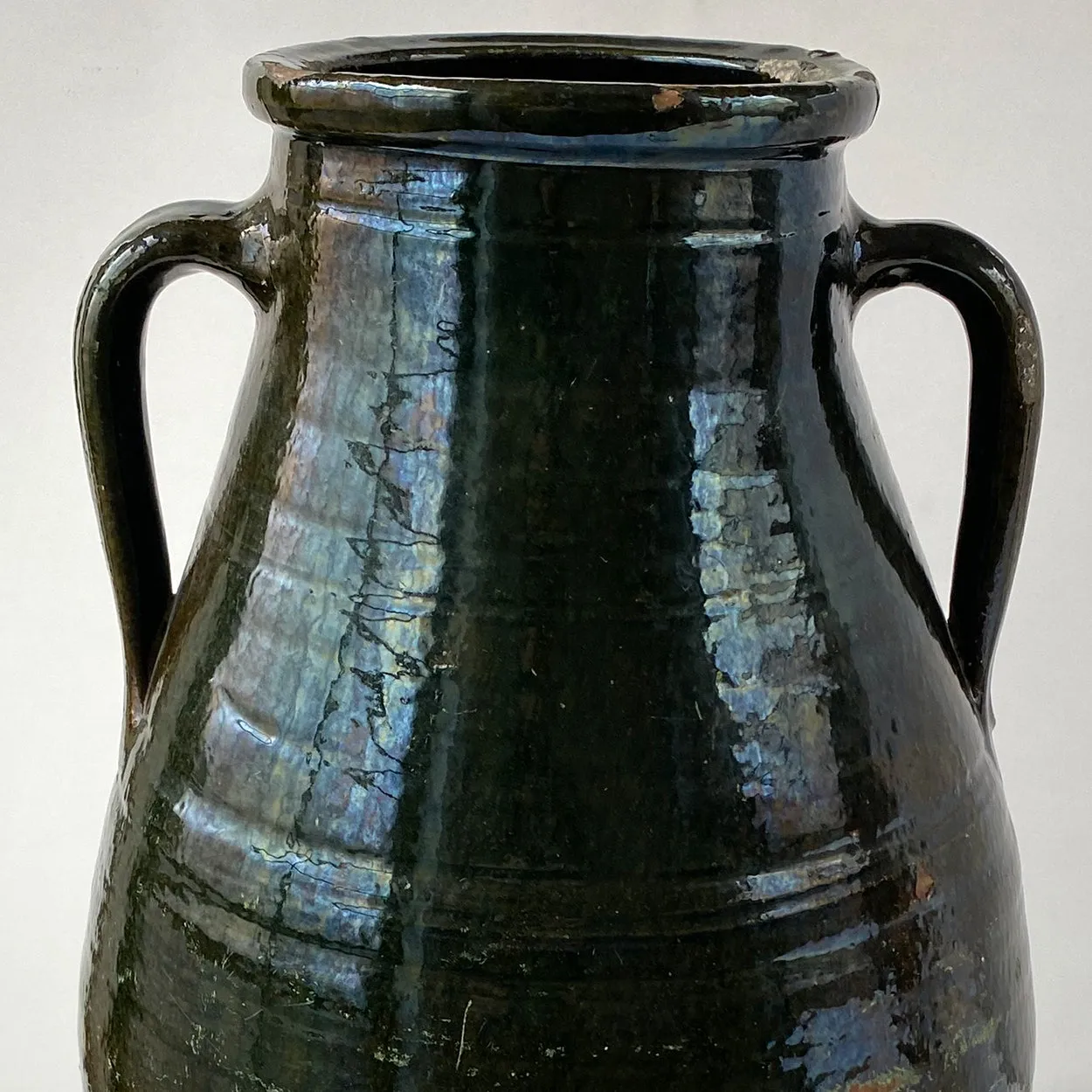 Large Turkish Green Glaze Terracotta Pottery Two-Handle Olive Jar