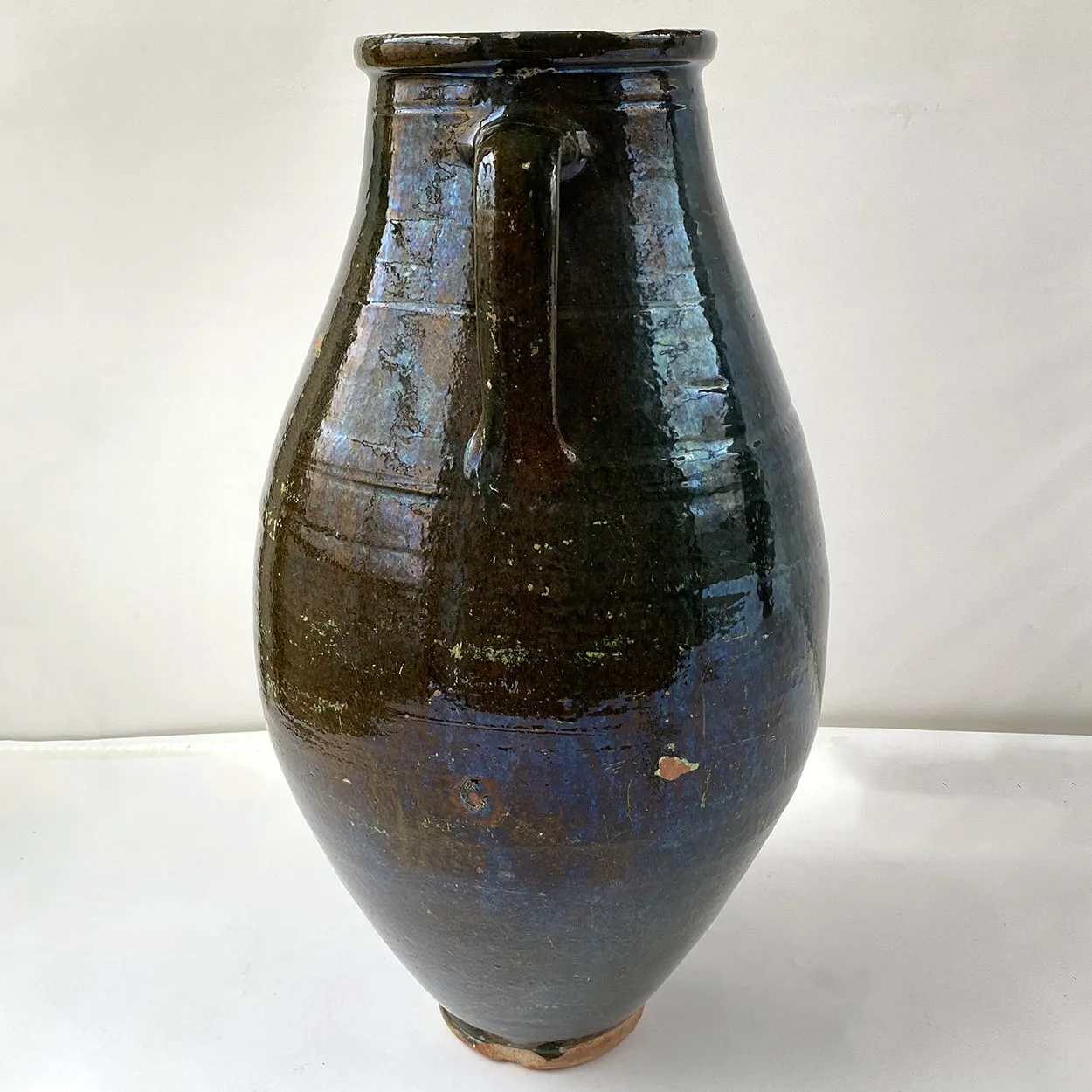 Large Turkish Green Glaze Terracotta Pottery Two-Handle Olive Jar