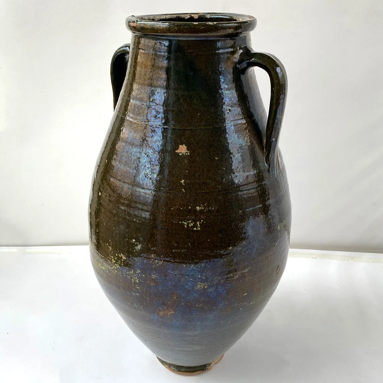 Large Turkish Green Glaze Terracotta Pottery Two-Handle Olive Jar