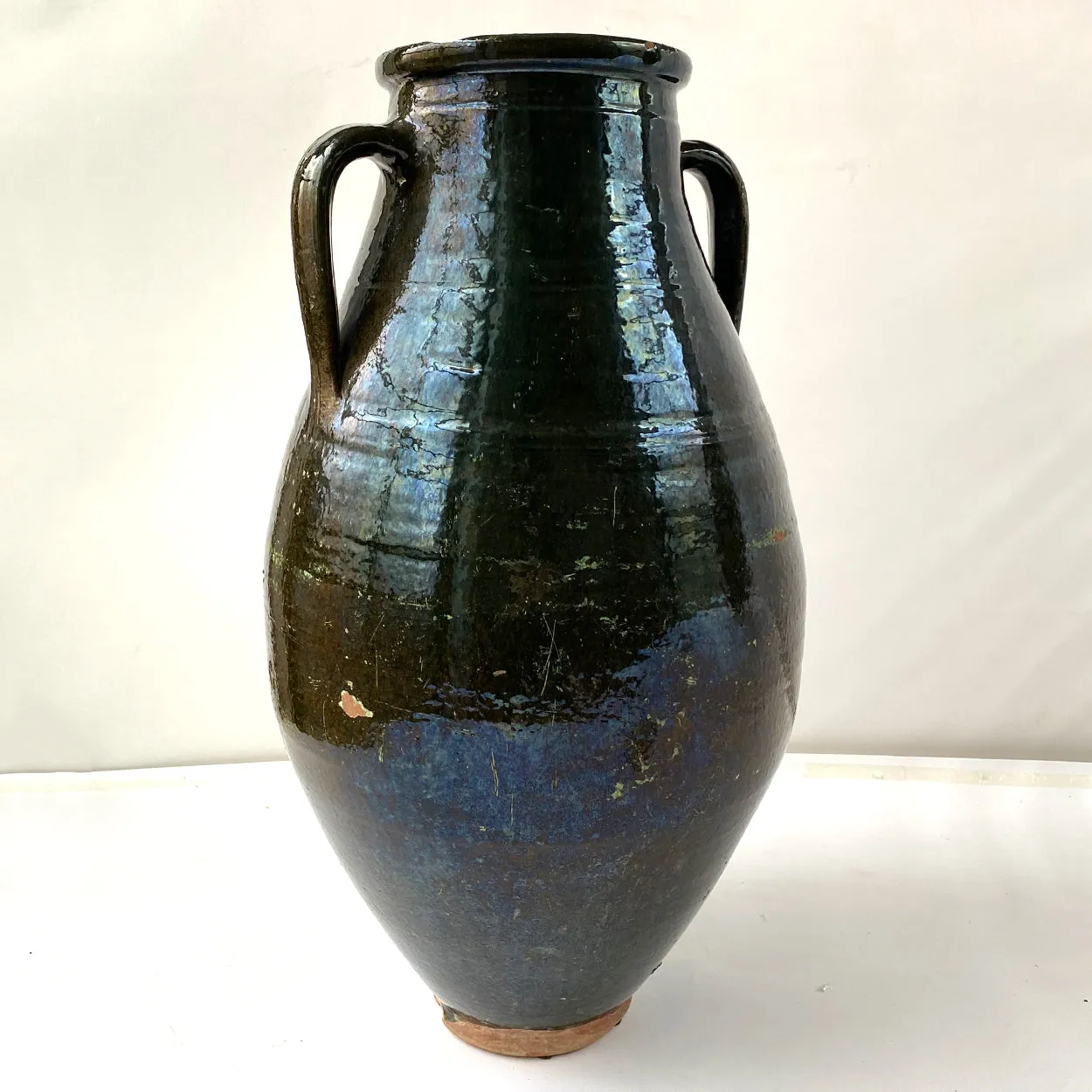 Large Turkish Green Glaze Terracotta Pottery Two-Handle Olive Jar