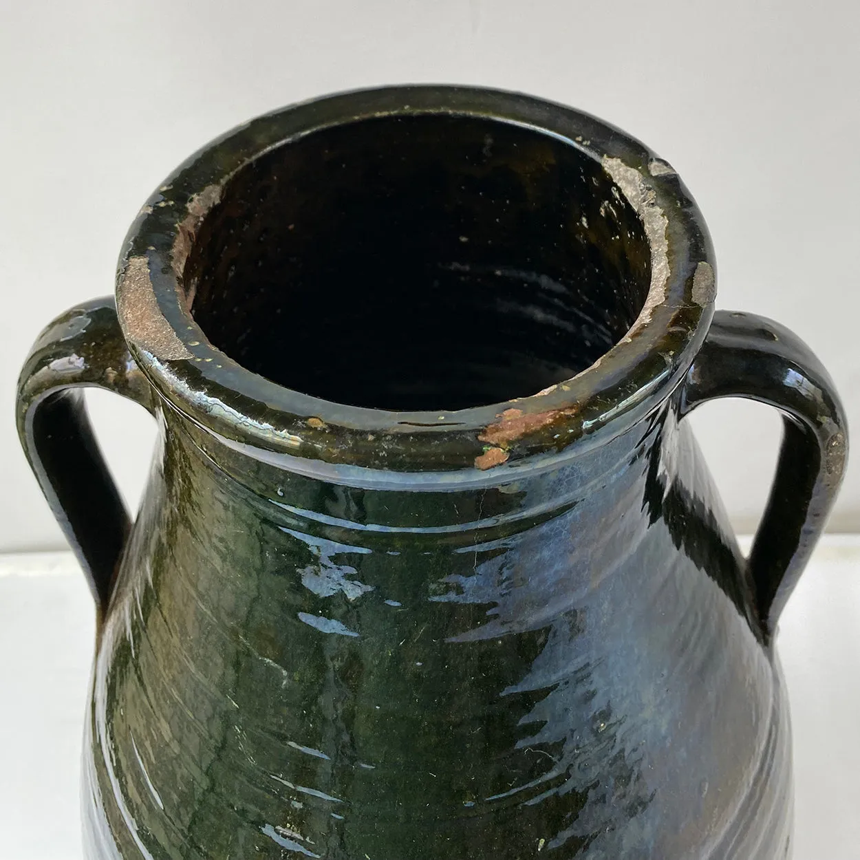 Large Turkish Green Glaze Terracotta Pottery Two-Handle Olive Jar