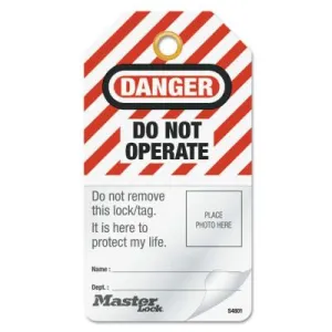 Master Lock® Self-Laminating Photo ID Tags, 3 1/5 in W x 5 4/5 in L, English, White, Red, BK, S4801