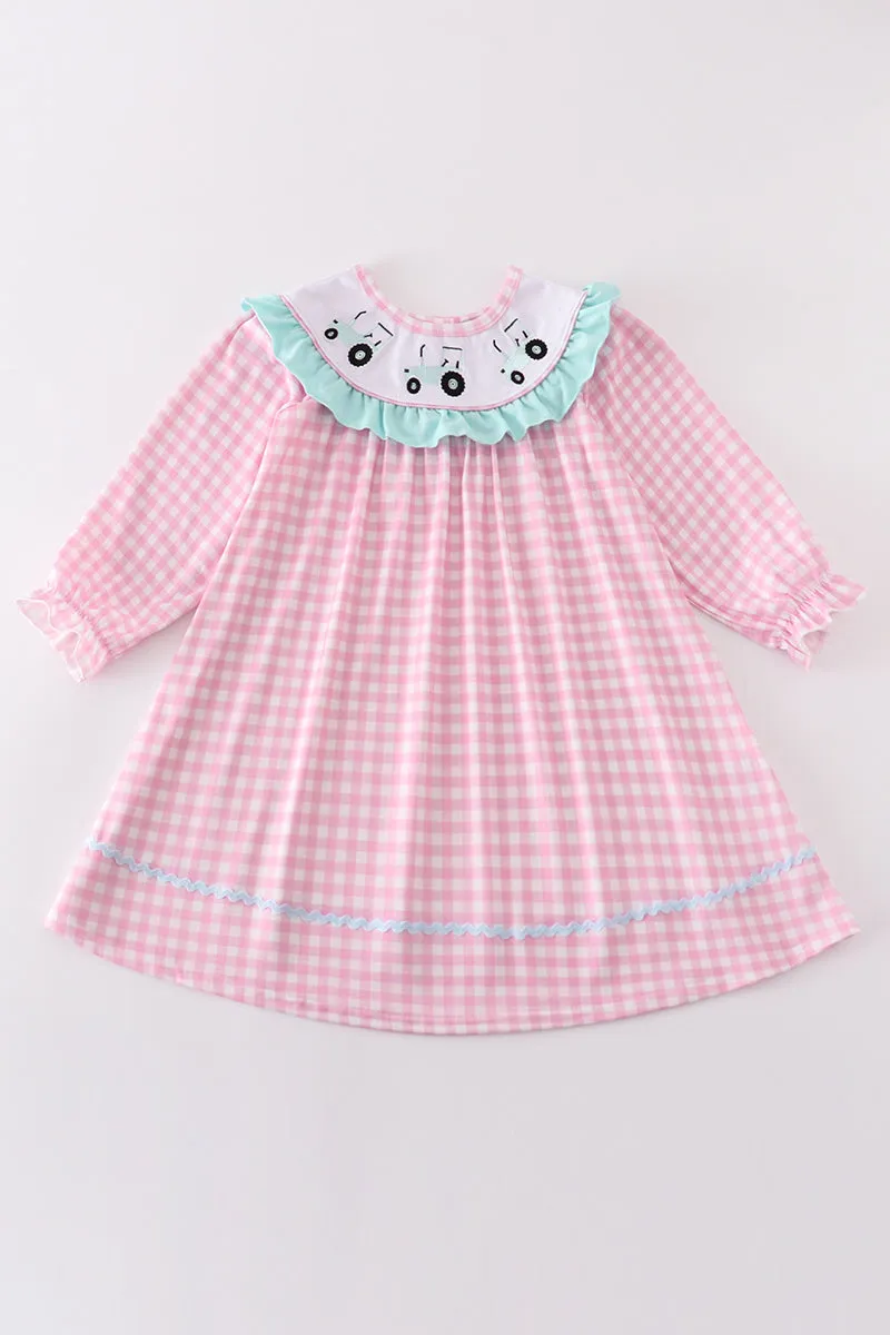 Pink Tractor Embroidery Gingham Dress