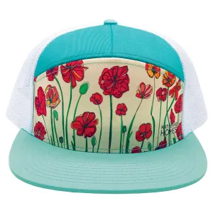 Poppies | 7 Panel Hat | Sea | Aqua| White 100% Recycled Mesh