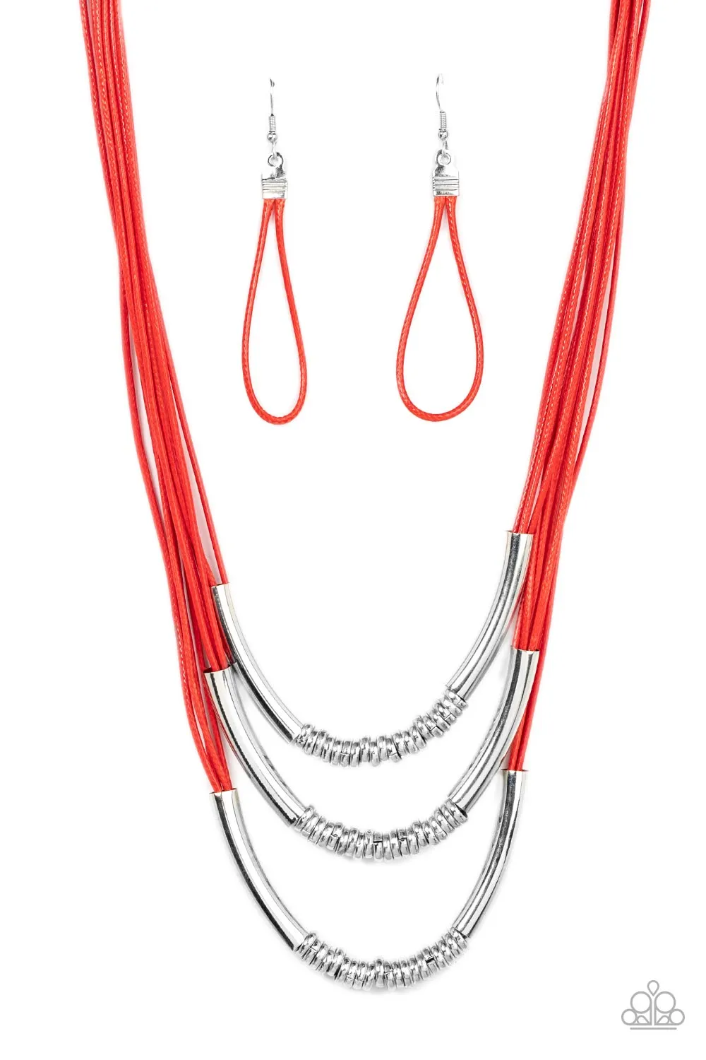 "Mechanical Mania" Multi Red Cord & Silver Metal Bars Layered Necklace Set