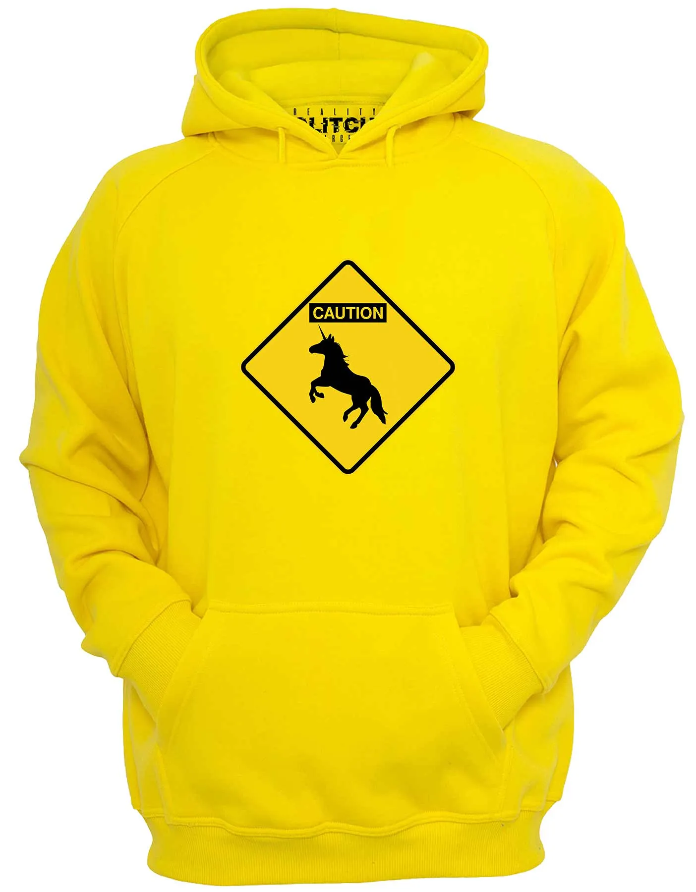 Reality Glitch Caution Unicorns Mens Hoodie
