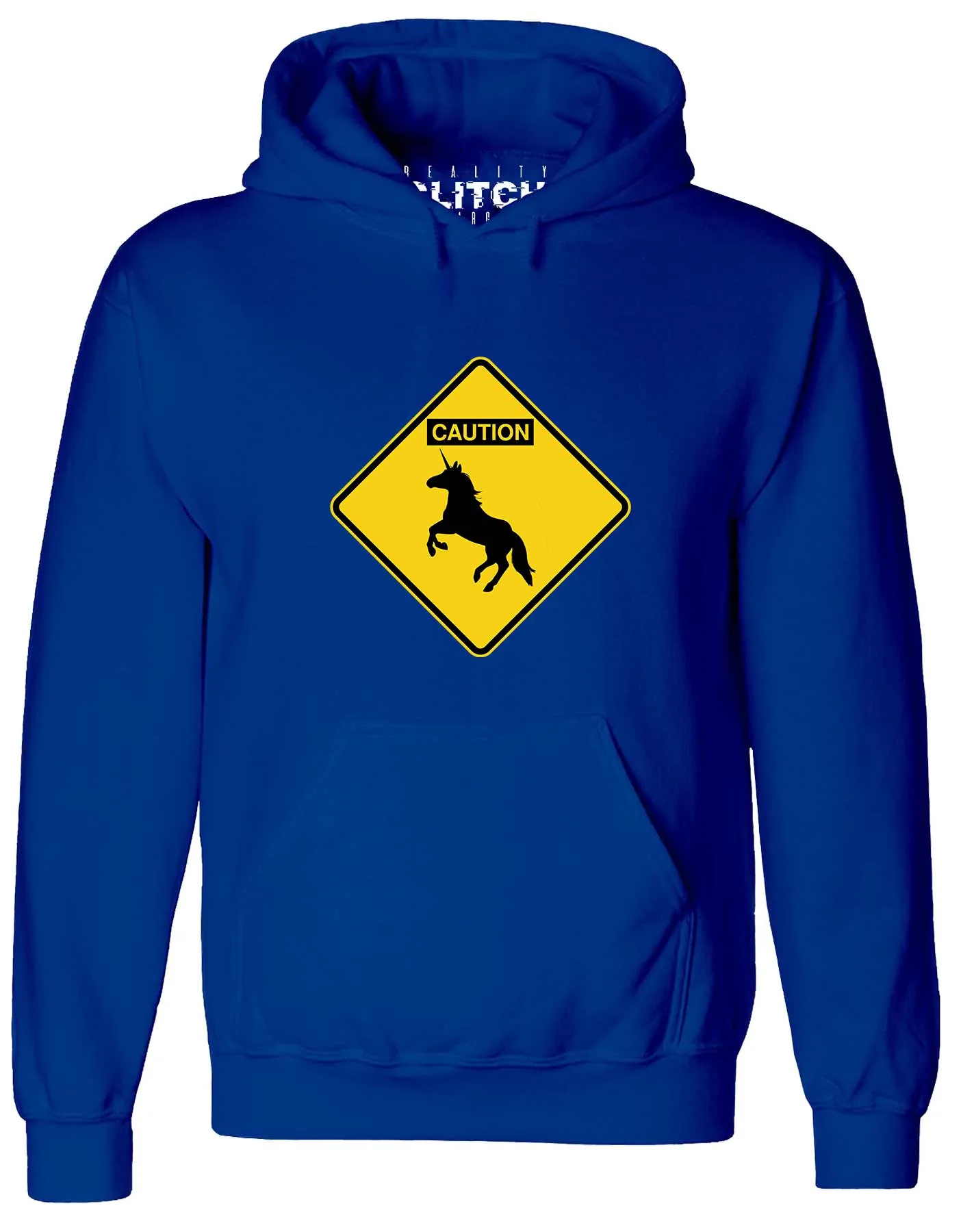 Reality Glitch Caution Unicorns Mens Hoodie
