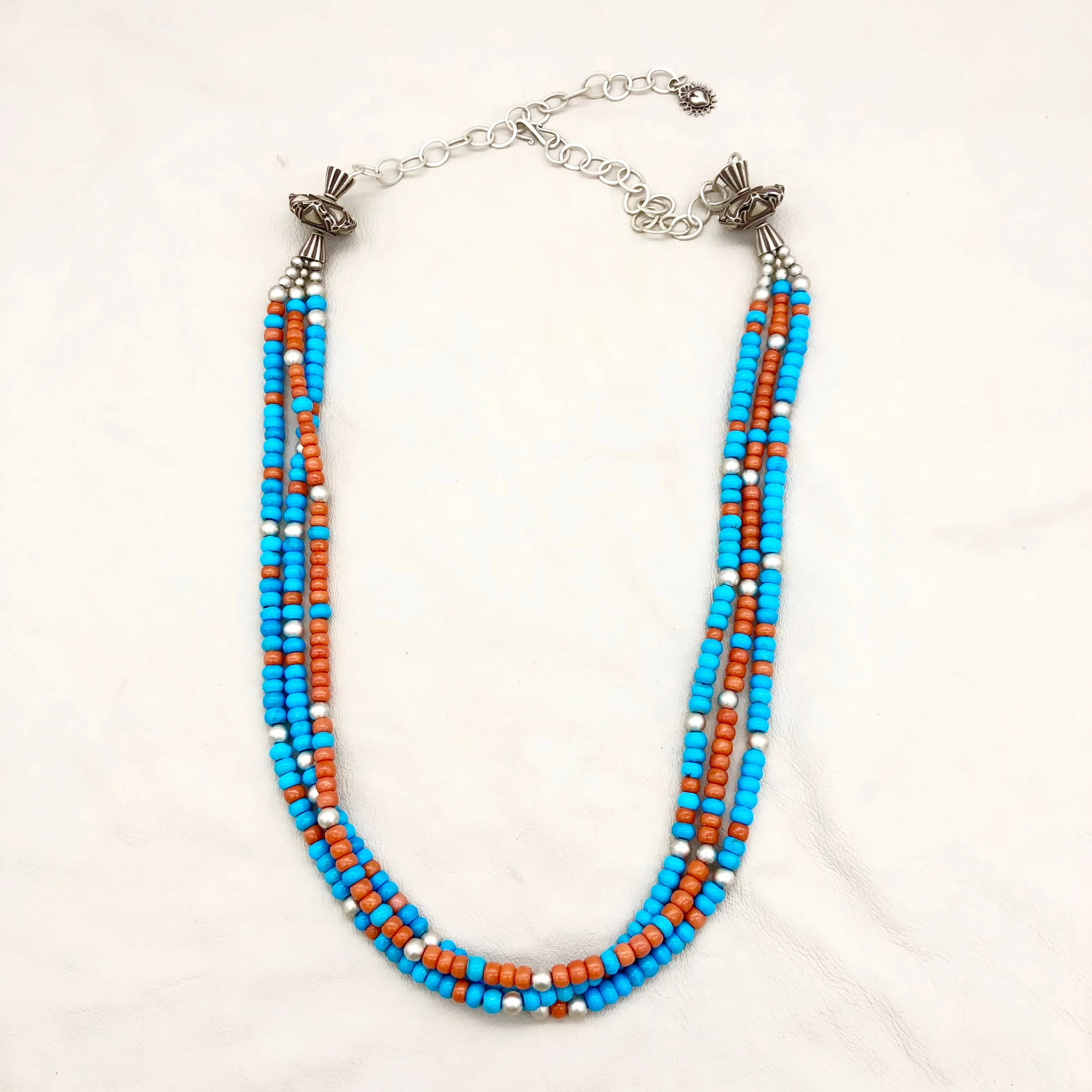 Salmon Coral, Sleeping Beauty Turquoise and Sterling Santa Fe Pearls Necklace