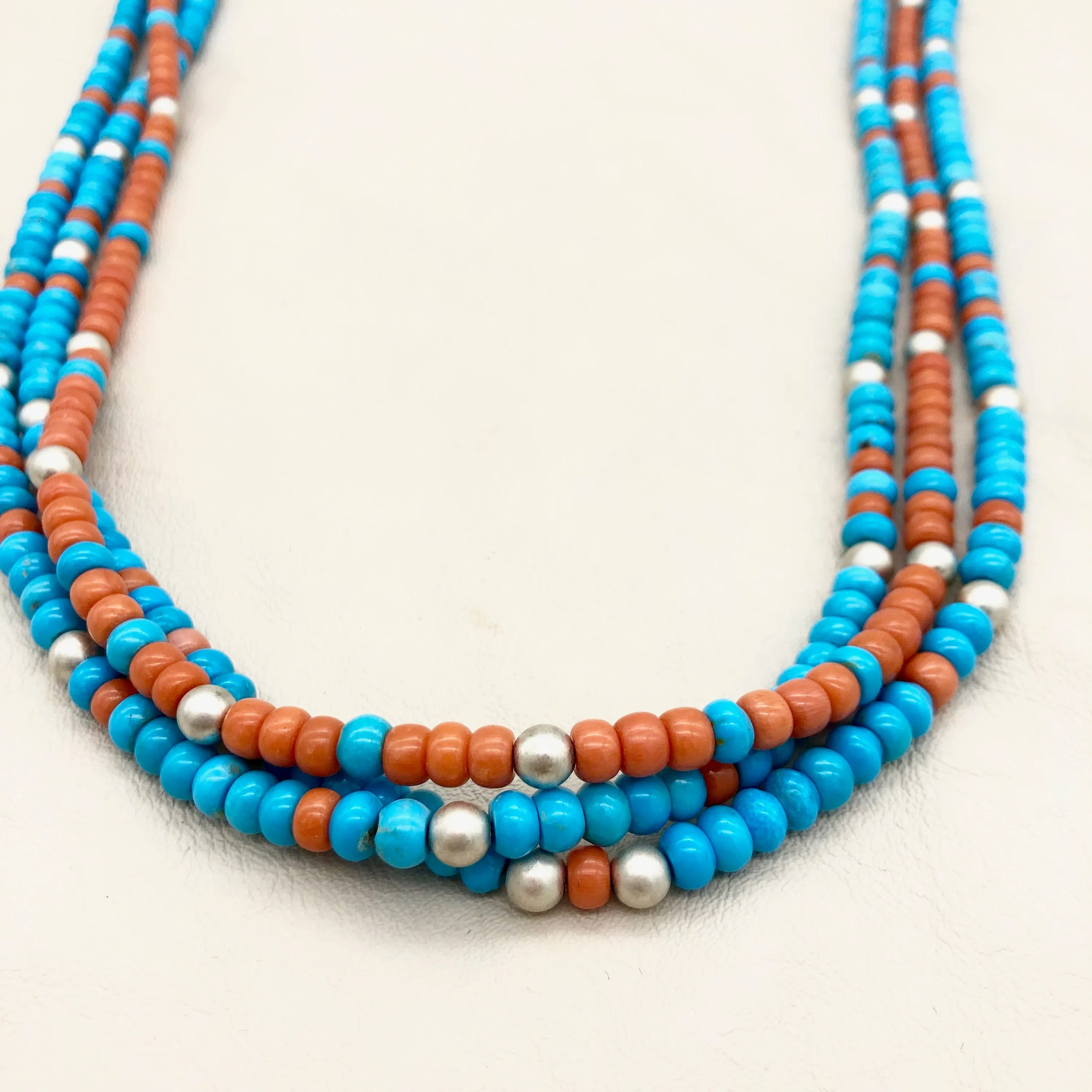Salmon Coral, Sleeping Beauty Turquoise and Sterling Santa Fe Pearls Necklace
