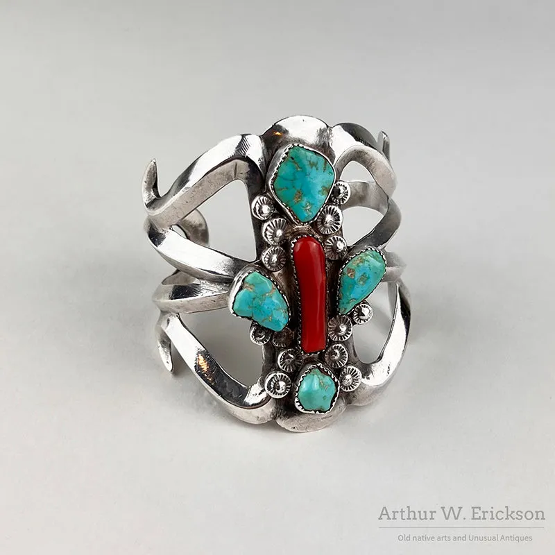 Sandcast Silver Cuff Bracelet with Coral and Turquoise