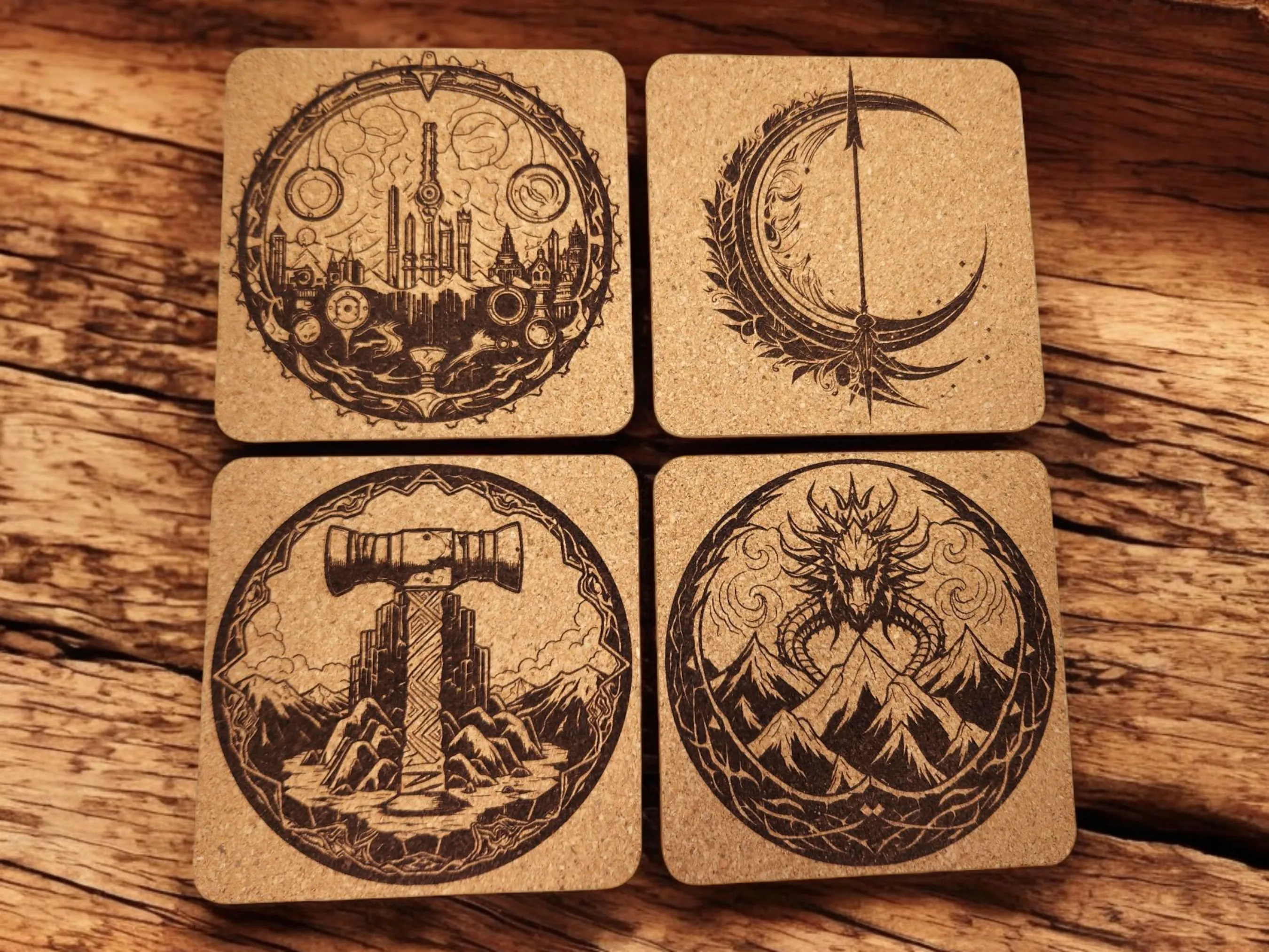 Set of 4 fantasy themed cork coasters