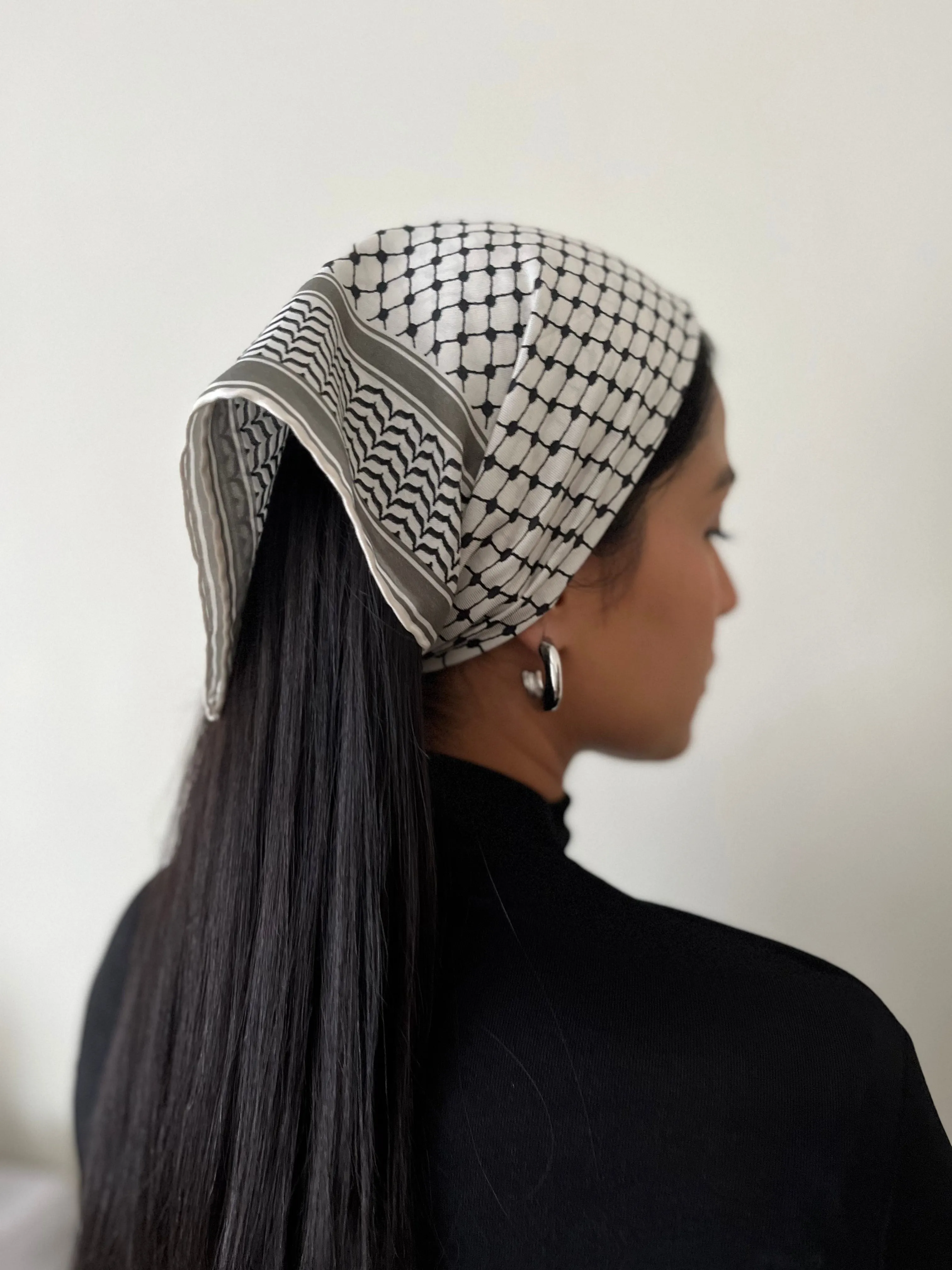 Small Silk/Cotton Palestine Kefiyyah Scarf (Black) 19"x19"
