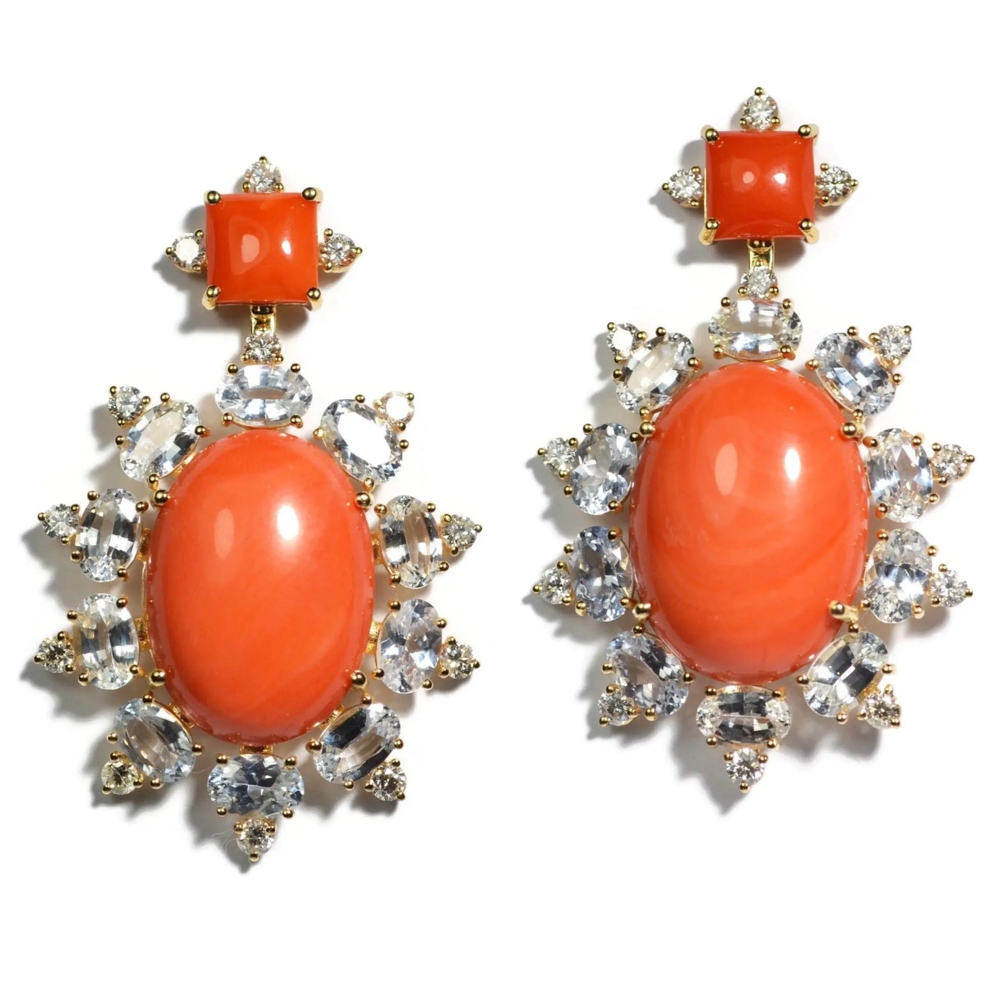 Sole - Drop Earrings with Natural Mediterranean Red Coral, White Sapphires and Diamonds, 18k Yellow Gold