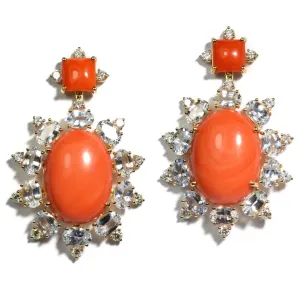 Sole - Drop Earrings with Natural Mediterranean Red Coral, White Sapphires and Diamonds, 18k Yellow Gold