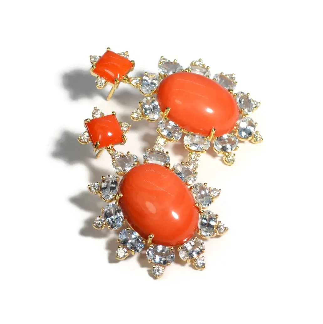 Sole - Drop Earrings with Natural Mediterranean Red Coral, White Sapphires and Diamonds, 18k Yellow Gold