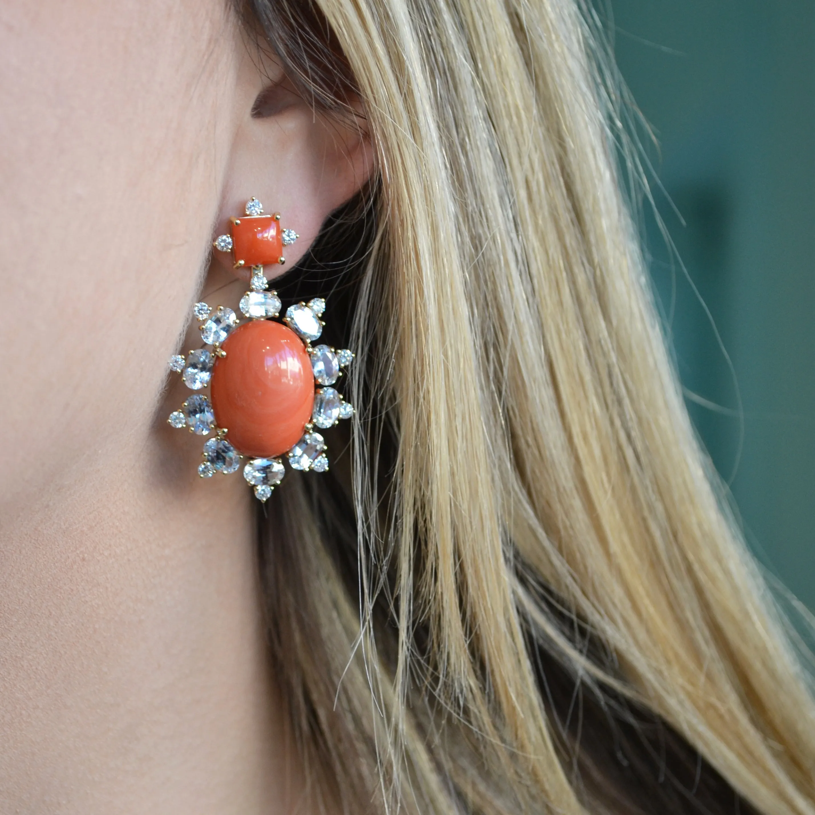 Sole - Drop Earrings with Natural Mediterranean Red Coral, White Sapphires and Diamonds, 18k Yellow Gold