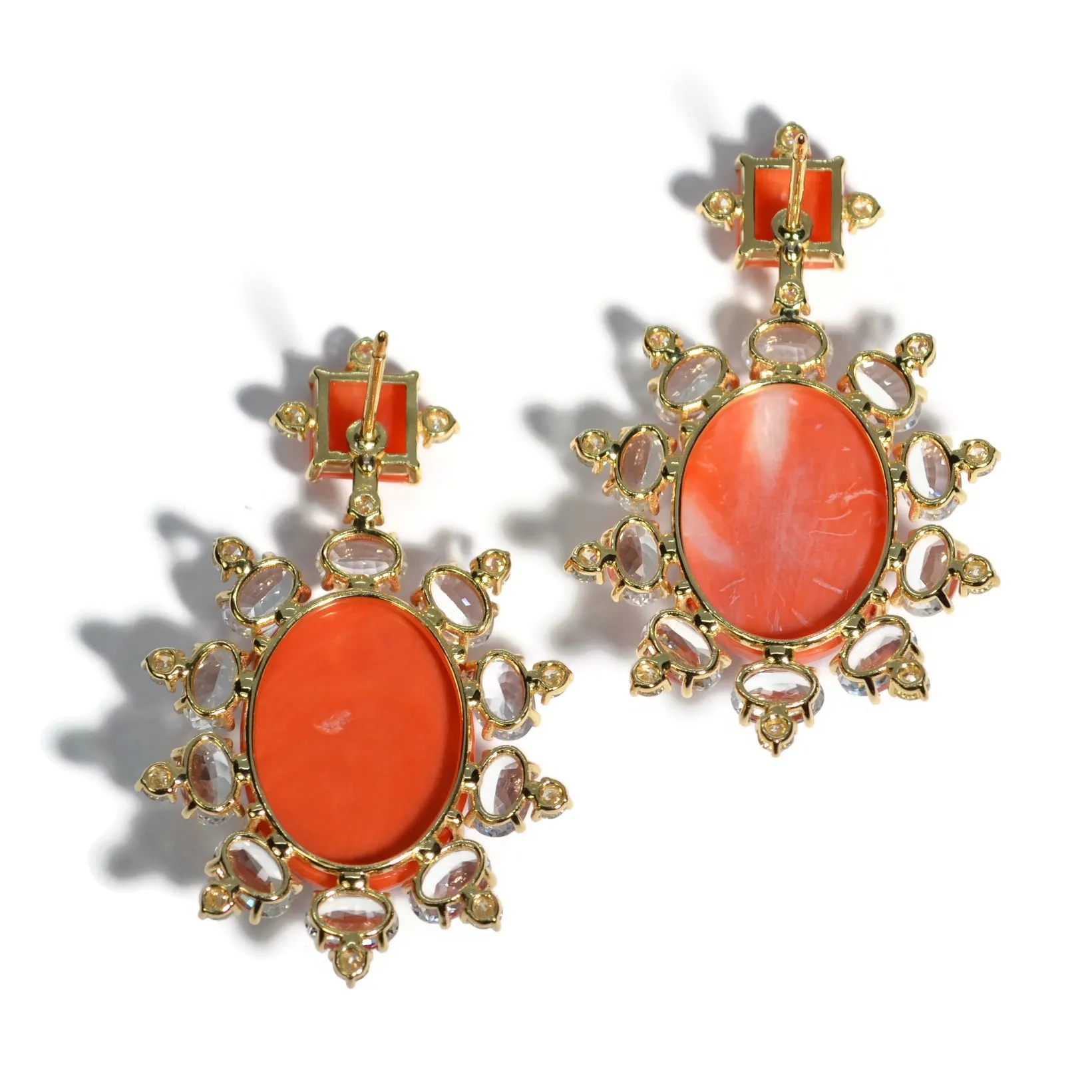 Sole - Drop Earrings with Natural Mediterranean Red Coral, White Sapphires and Diamonds, 18k Yellow Gold