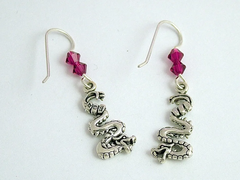 Sterling Silver curvy Dragon dangle earrings-Fantasy-dragons, crystal, 1 5/8"