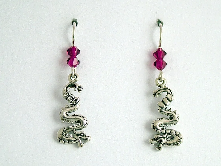 Sterling Silver curvy Dragon dangle earrings-Fantasy-dragons, crystal, 1 5/8"