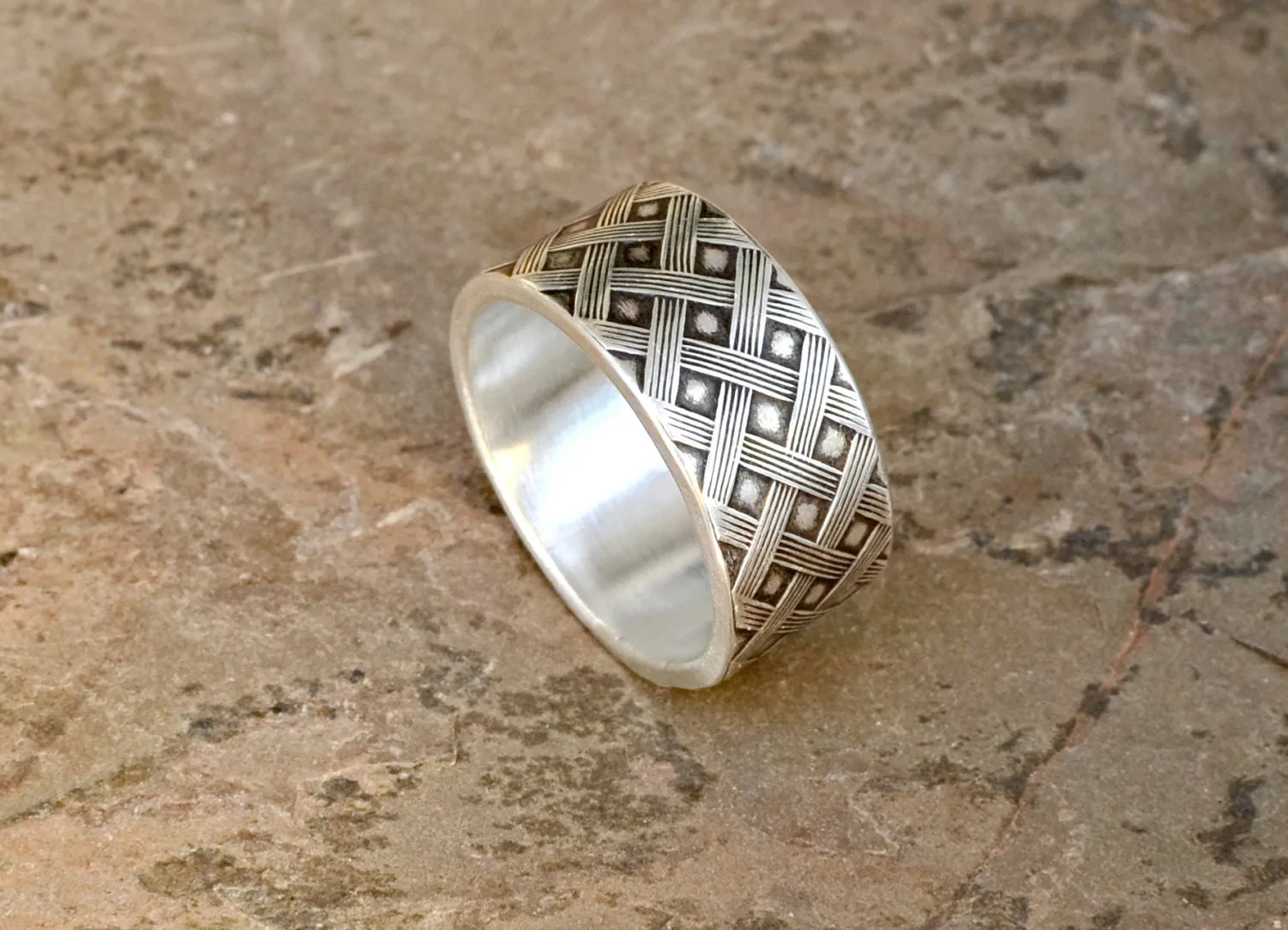 Sterling silver weave ring with dark patina for shadowing and highlighting the design