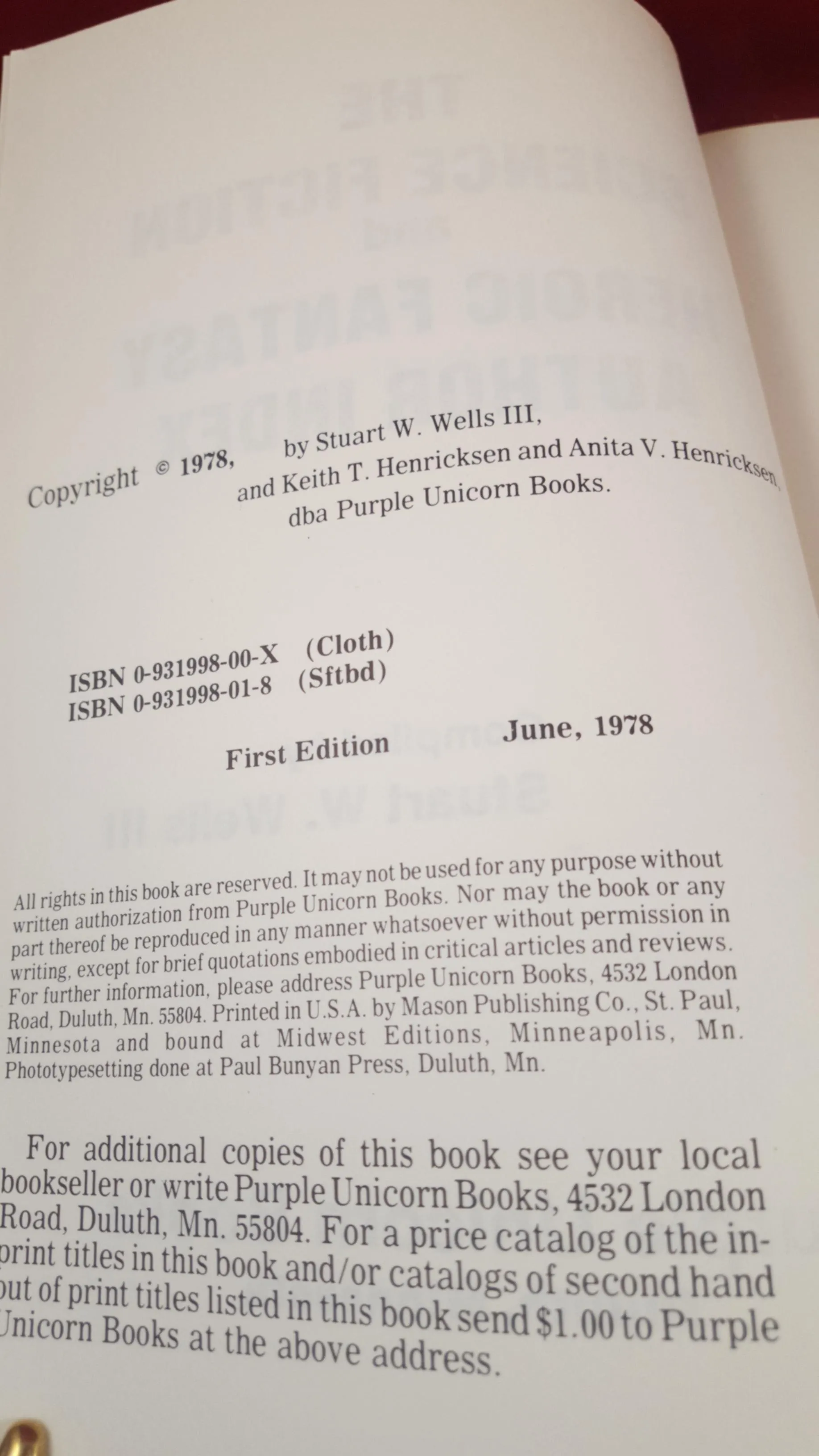 Stuart W Wells -Science Fiction Heroic Fantasy Author Index, 1978, 1st Edition, Limited