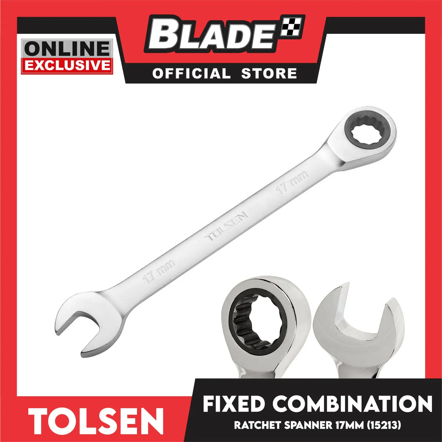 Tolsen 15213 Fixed Combination Rachet Spanner 17mm Chrome Plated And Satin Finish