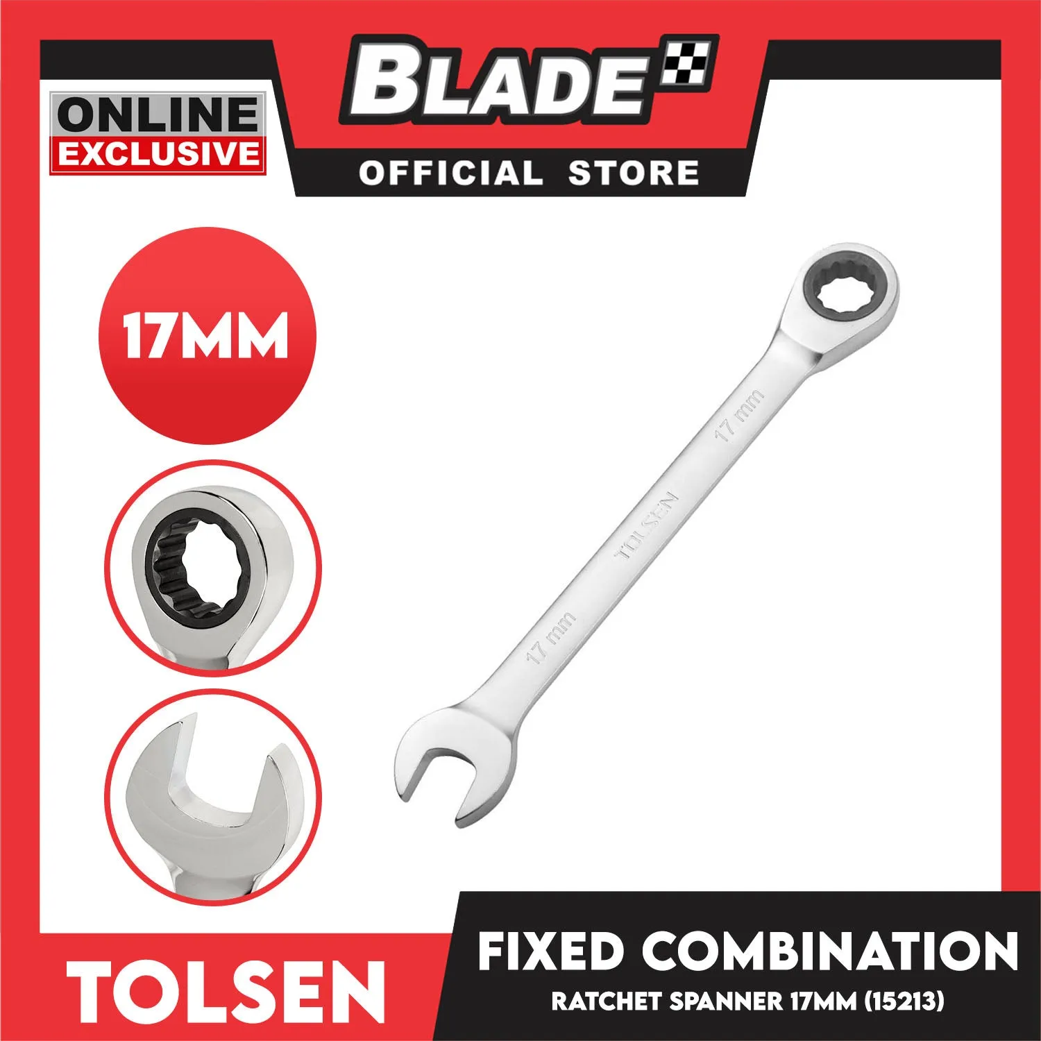 Tolsen 15213 Fixed Combination Rachet Spanner 17mm Chrome Plated And Satin Finish