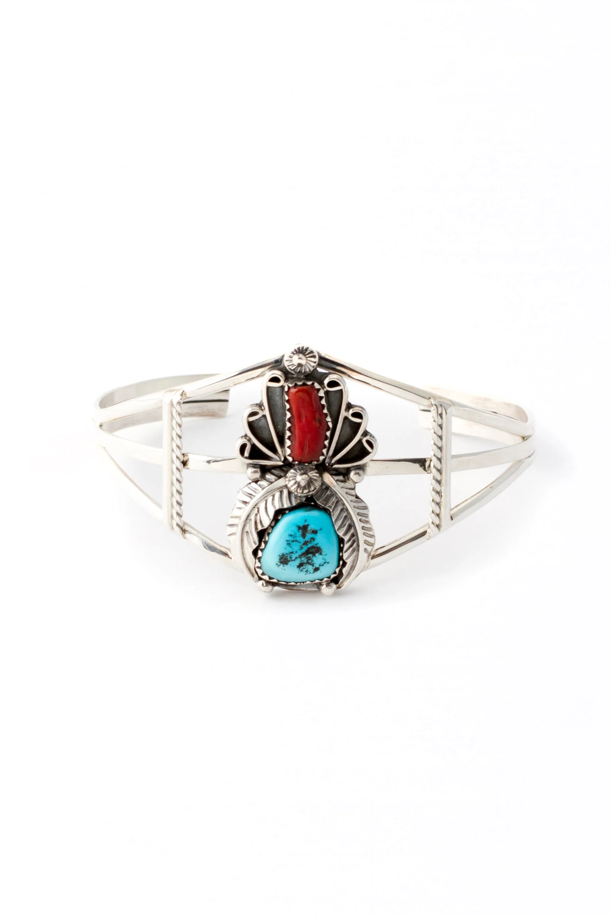 Traditional Navajo Coral and Turquoise Cuff Bracelet