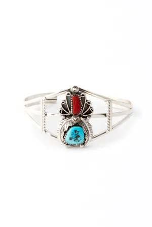 Traditional Navajo Coral and Turquoise Cuff Bracelet