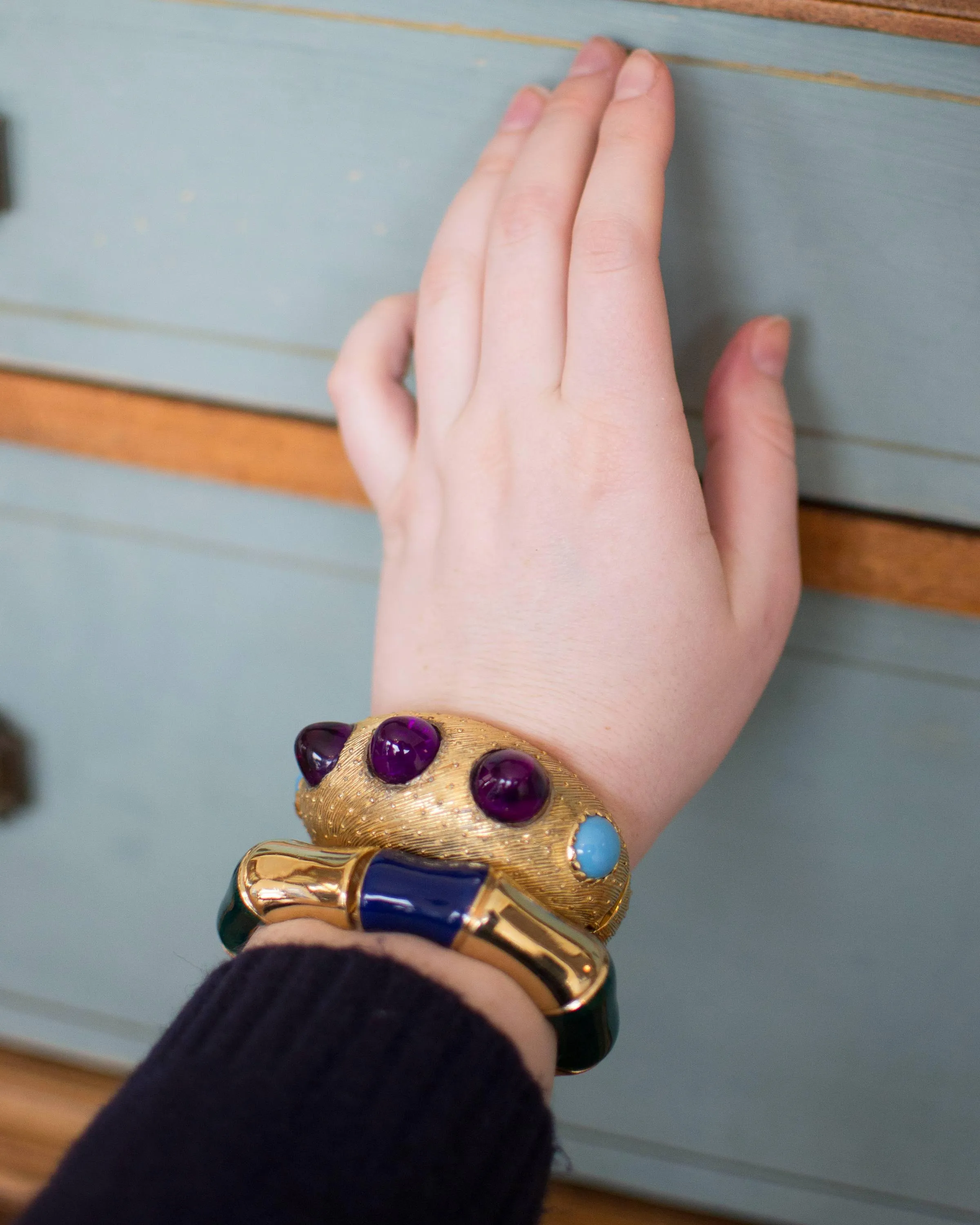 Vintage Ciner Gold, Green and Violet Enamel Bamboo Bangle Bracelet