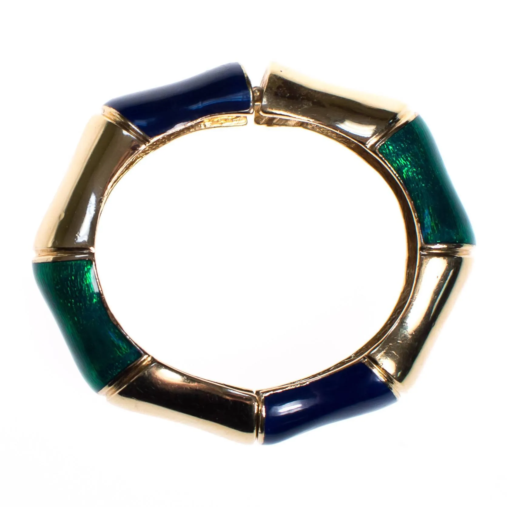 Vintage Ciner Gold, Green and Violet Enamel Bamboo Bangle Bracelet