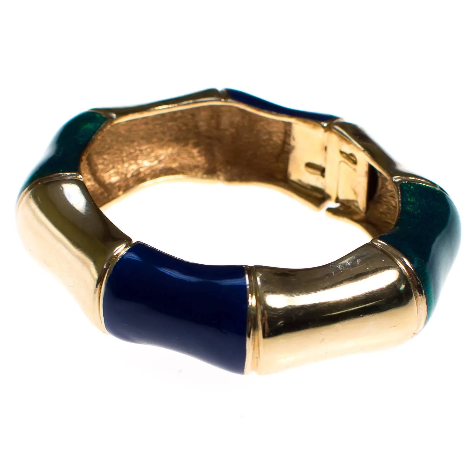 Vintage Ciner Gold, Green and Violet Enamel Bamboo Bangle Bracelet