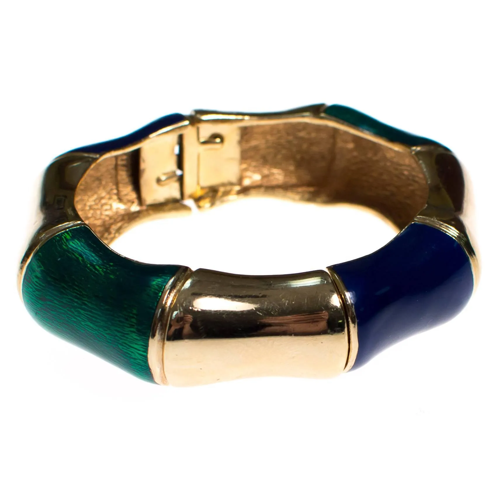 Vintage Ciner Gold, Green and Violet Enamel Bamboo Bangle Bracelet