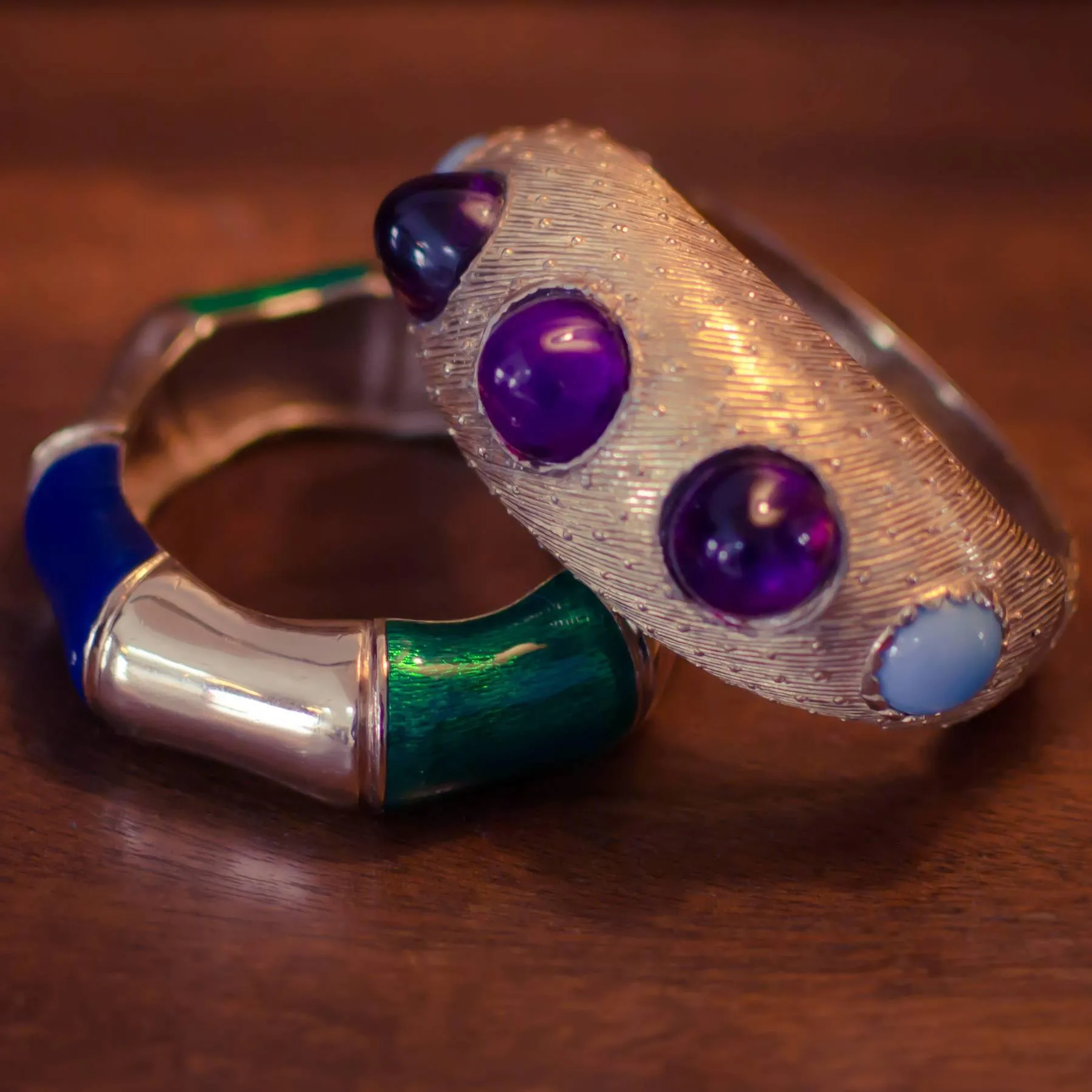 Vintage Ciner Gold, Green and Violet Enamel Bamboo Bangle Bracelet