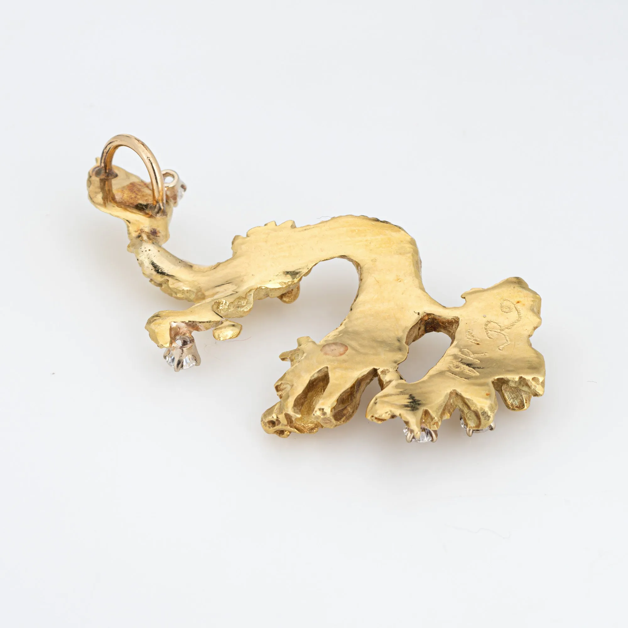 Vintage Dragon Pendant 18k Yellow Gold Diamond Heavy 29.5 Grams Fine Jewelry