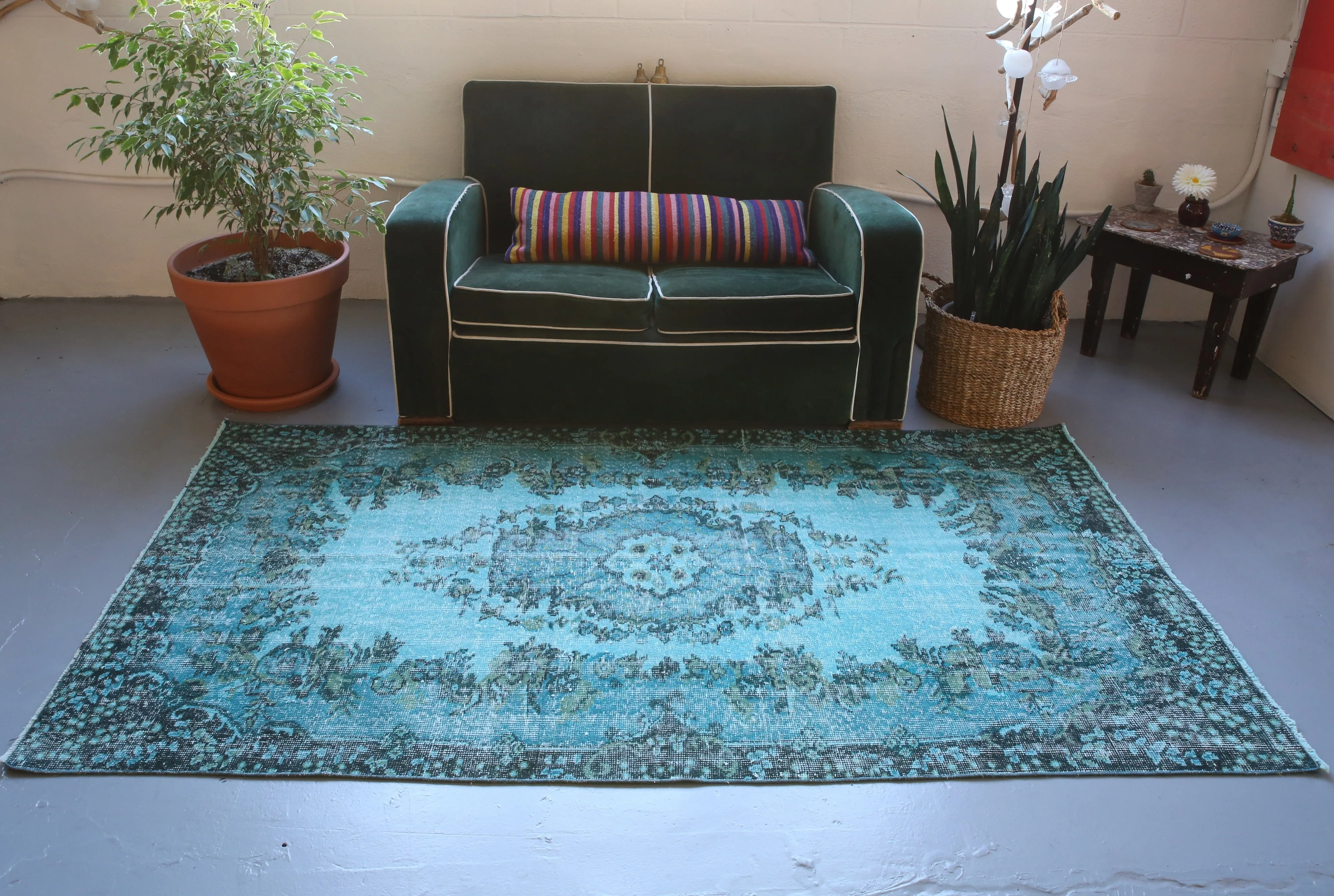 Vintage Turkish Overdyed Rug in Aegean Blue 4ftx7.3ft