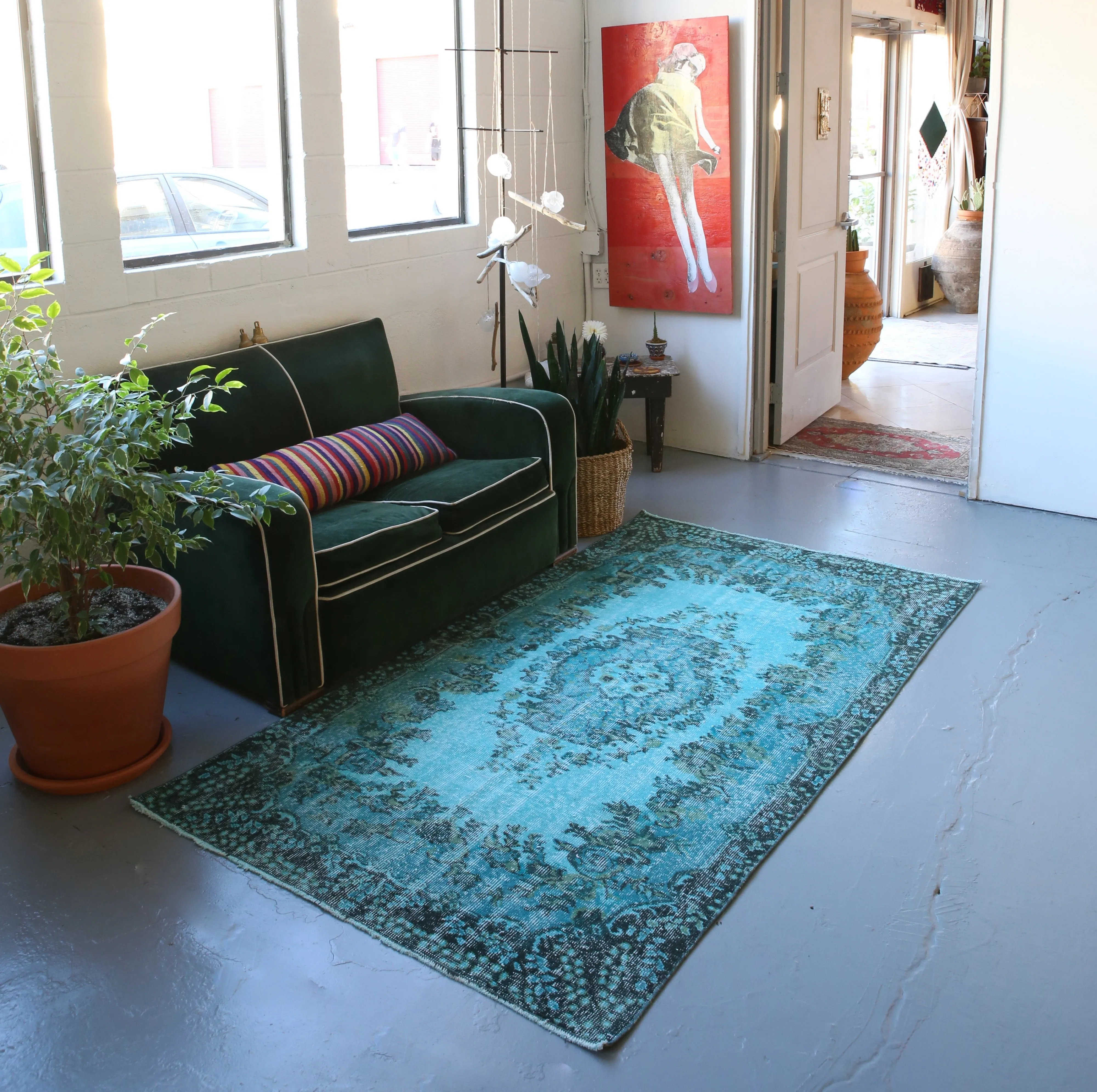 Vintage Turkish Overdyed Rug in Aegean Blue 4ftx7.3ft