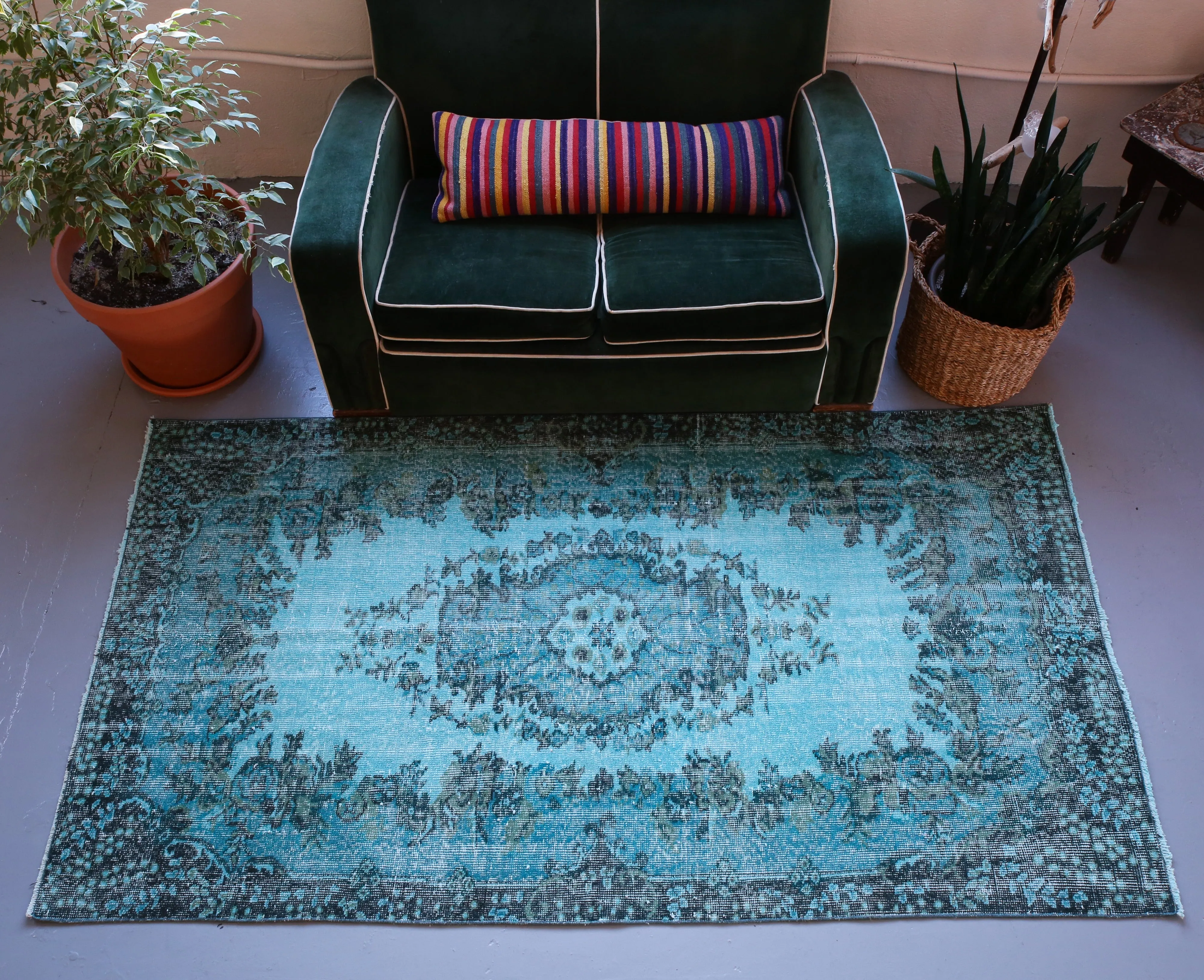 Vintage Turkish Overdyed Rug in Aegean Blue 4ftx7.3ft